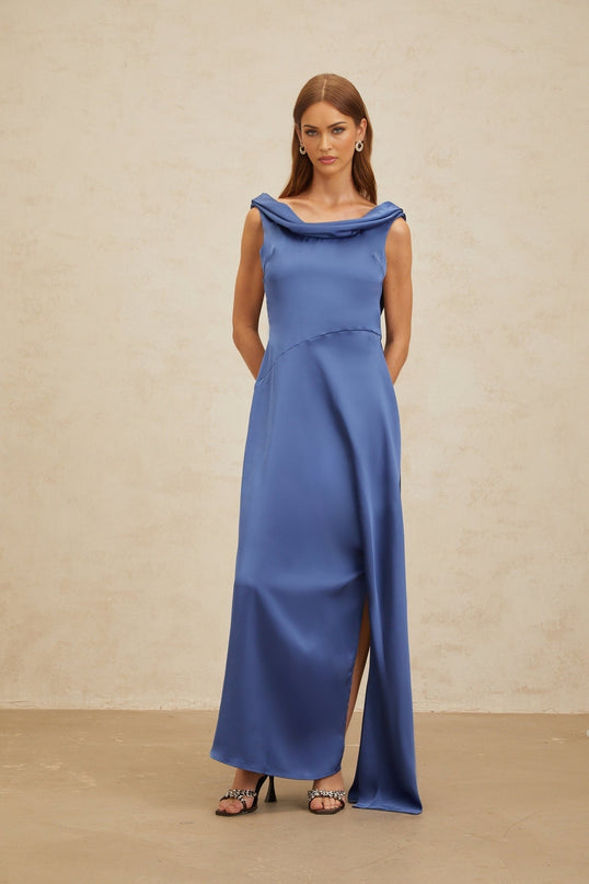 Luigia Blue Maxi Dress Satin Cowl Neck Open Back Side Slit Bow Detail Flared Hem