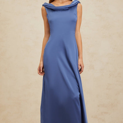 Luigia Blue Satin Maxi Dress with Cowl Neck and Open Back