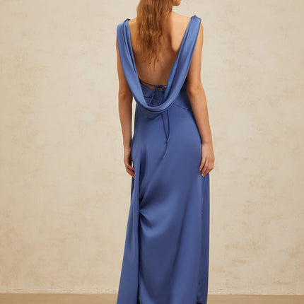 Luigia Blue Satin Maxi Dress with Cowl Neck and Open Back