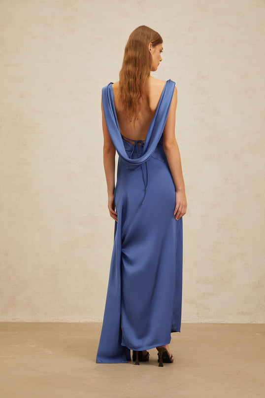 Luigia Blue Satin Maxi Dress with Cowl Neck and Open Back