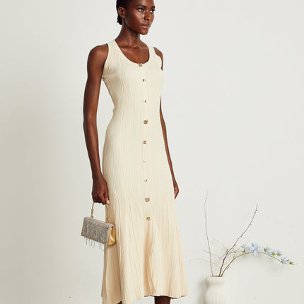 Luigia Midi Dress Neutrals Sleeveless U-neck Flared Hem Stretch Jersey Fabric Front Button Detailing Modern Luxury