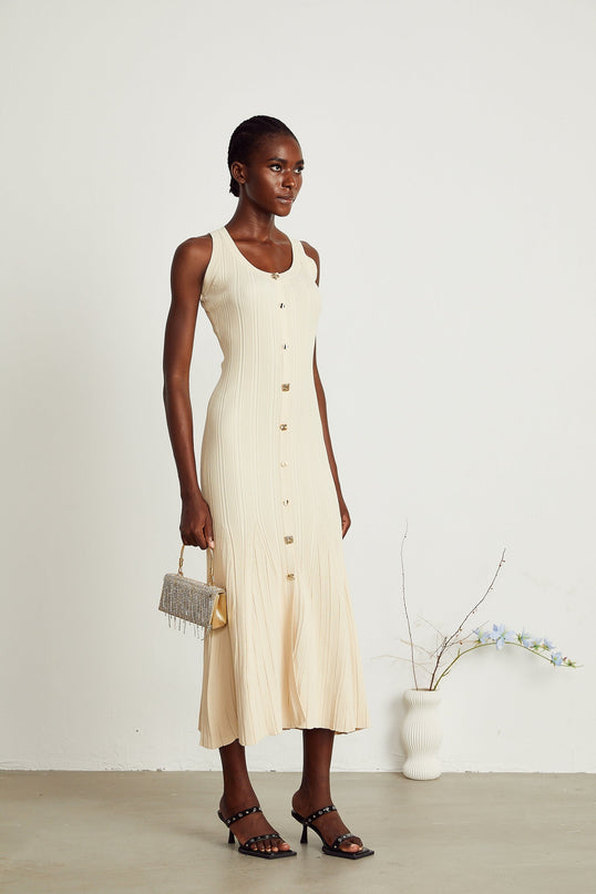 Luigia Midi Dress Neutrals Sleeveless U-neck Flared Hem Stretch Jersey Fabric Front Button Detailing Modern Luxury