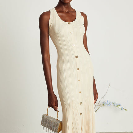 Luigia Neutrals Midi Dress 89% Cotton 11% Elastane U-neck Flared Hem Stretch Jersey Front Button Detailing Sophisticated Elegant Versatile Modern Luxury