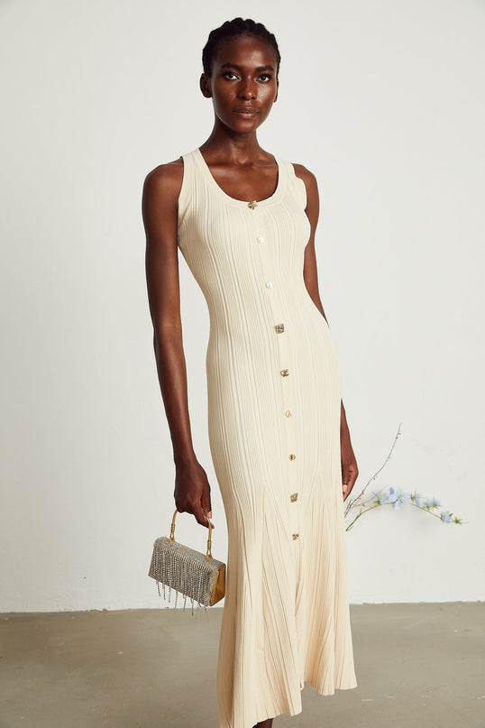 Luigia Neutrals Midi Dress 89% Cotton 11% Elastane U-neck Flared Hem Stretch Jersey Front Button Detailing Sophisticated Elegant Versatile Modern Luxury