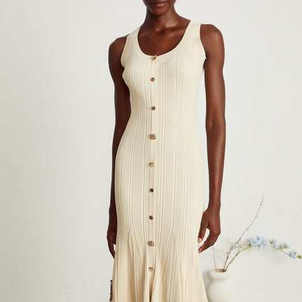 Luigia Neutrals Midi Dress Cotton Elastane U-neck Flared Hem Button Detailing