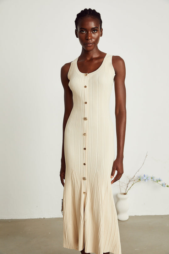 Luigia Neutrals Midi Dress Cotton Elastane U-neck Flared Hem Button Detailing