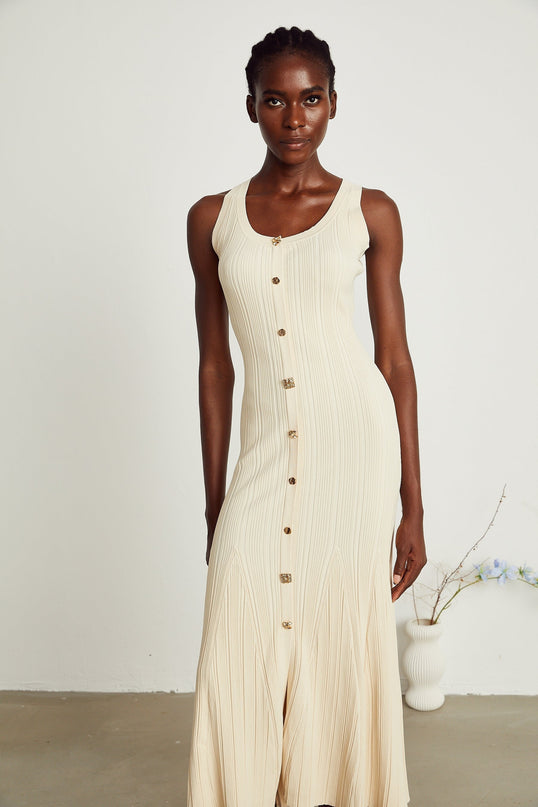Luigia Neutrals Sleeveless U-Neck Flared Hem Midi Dress