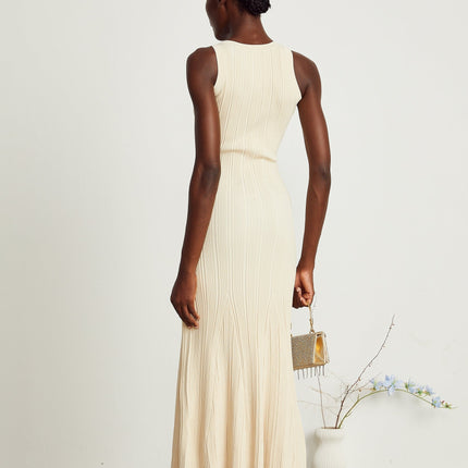 Luigia Neutrals Midi Dress in Luxe Cotton Elastane Blend with U-neck and Flared Hem