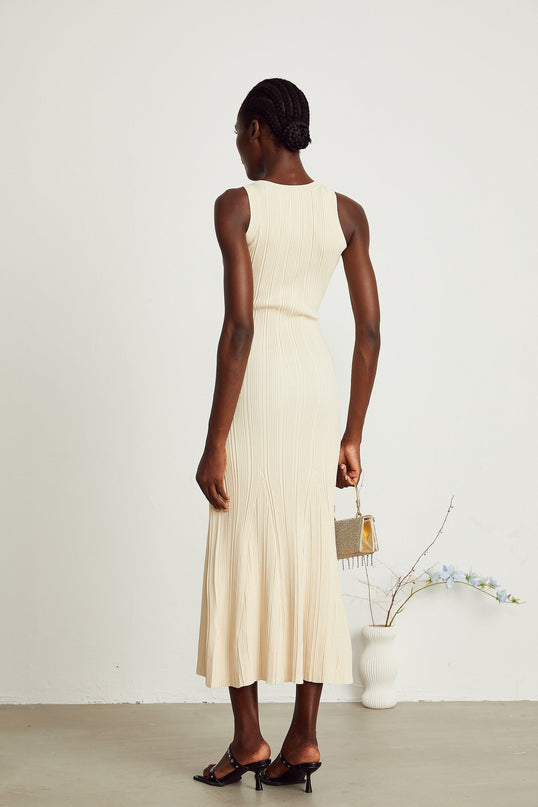 Luigia Neutrals Midi Dress in Luxe Cotton Elastane Blend with U-neck and Flared Hem
