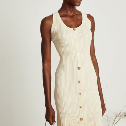 Luigia Neutrals Midi Dress 89% Cotton 11% Elastane U-neck Flared Hem Stretch Jersey Front Button Detailing Sophisticated Versatile Modern Luxury