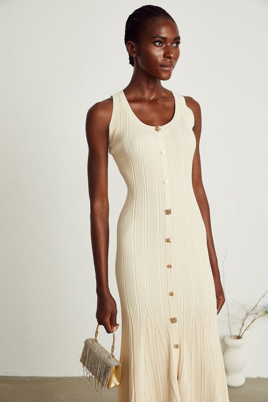 Luigia Neutrals Midi Dress 89% Cotton 11% Elastane U-neck Flared Hem Stretch Jersey Front Button Detailing Sophisticated Versatile Modern Luxury