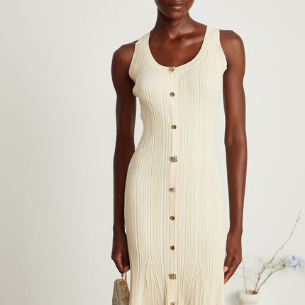 Luigia Neutrals Midi Dress in Cotton Elastane U-neck Flared Hem Button Detailing