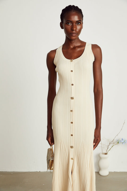 Luigia Neutrals Midi Dress in Cotton Elastane U-neck Flared Hem Button Detailing