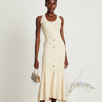 Luigia Neutrals Midi Dress with U-neck and flared hem in stretch jersey fabric with front button detailing