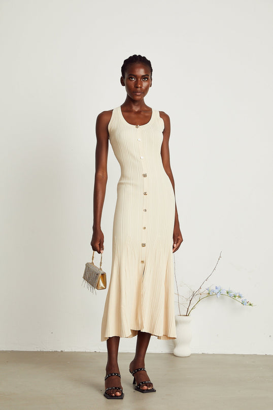 Luigia Neutrals Midi Dress with U-neck and flared hem in stretch jersey fabric with front button detailing