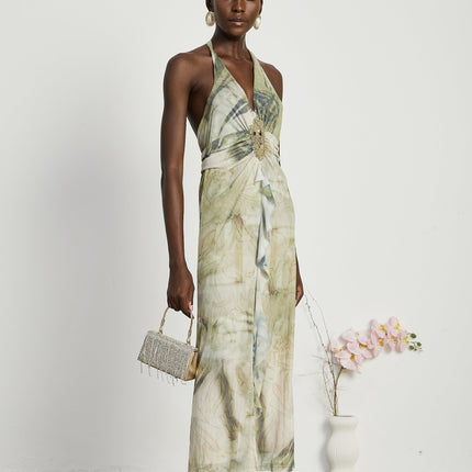 Luisa Green Ombre Ruffle Trim Halterneck Midi Dress with Faux-Pearl Embellishments