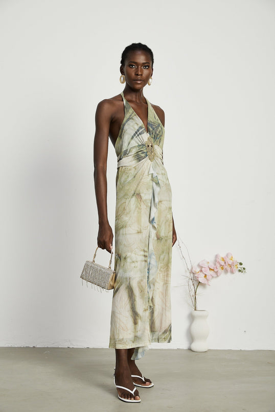 Luisa Green Ombre Ruffle Trim Halterneck Midi Dress with Faux-Pearl Embellishments