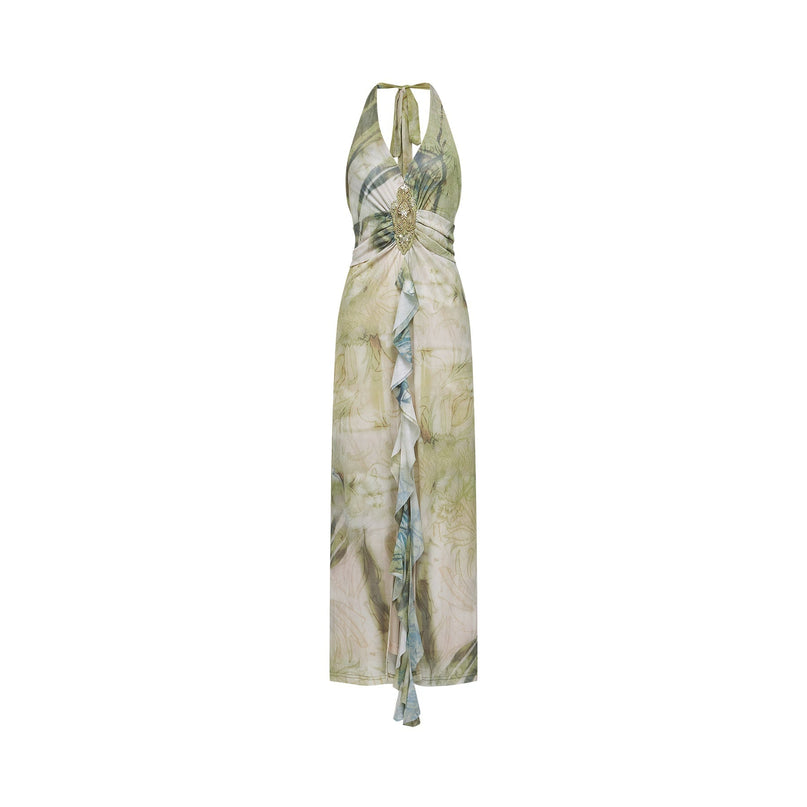 Luisa Green Ombre Ruffle Trim Halterneck Midi Dress with Faux-Pearl Embellishments