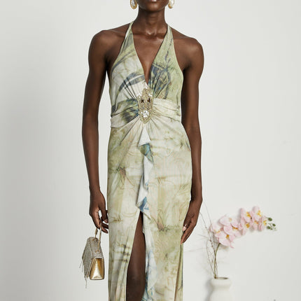 Luisa Green Ombre Ruffled Midi Dress with Halterneck and Faux-Pearl Embellishments