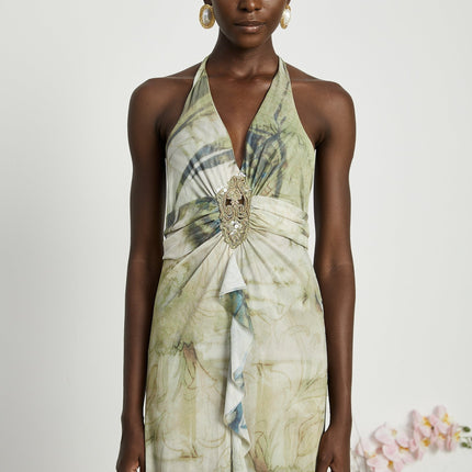 Luisa Green Ombre Ruffled Midi Dress with Halterneck Design and Faux-Pearl Embellishments