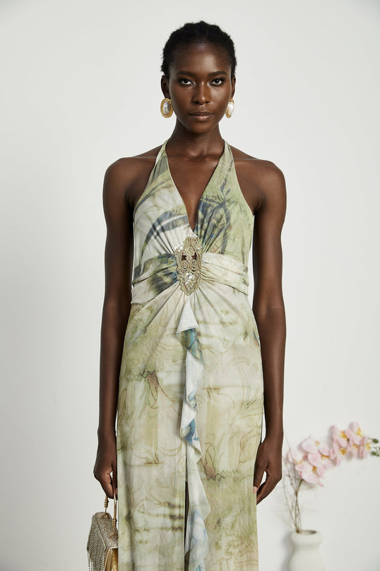 Luisa Green Ombre Ruffled Midi Dress with Halterneck Design and Faux-Pearl Embellishments