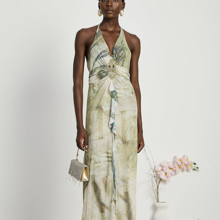 Luisa Green Ombre Ruffled Trim Halterneck Midi Dress with Faux-Pearl Embellishments