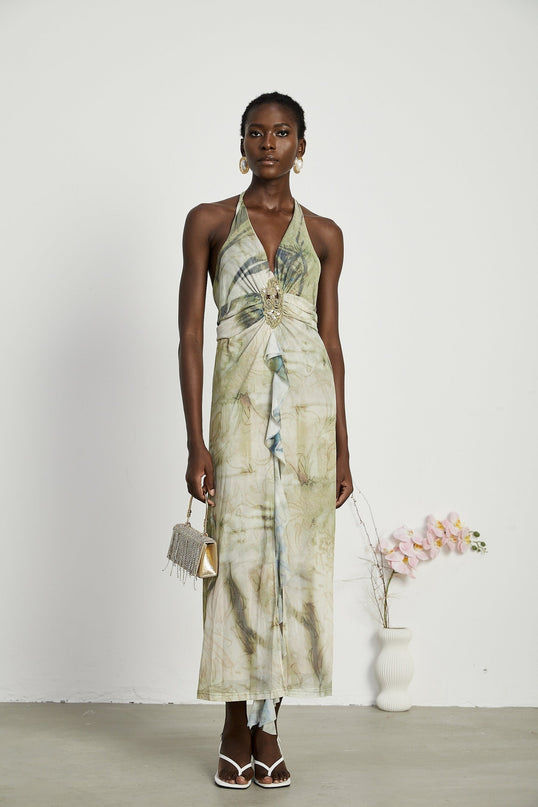 Luisa Green Ombre Ruffled Trim Halterneck Midi Dress with Faux-Pearl Embellishments