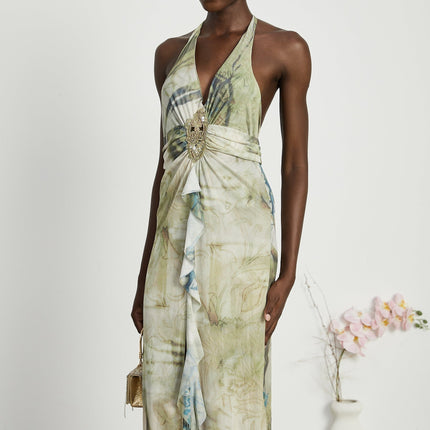 Luisa Green Ombre Ruffled Trim Halterneck Midi Dress with Faux-Pearl Embellishments