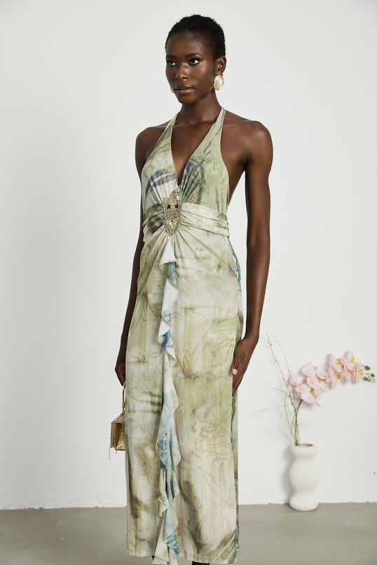 Luisa Green Ombre Ruffled Trim Halterneck Midi Dress with Faux-Pearl Embellishments
