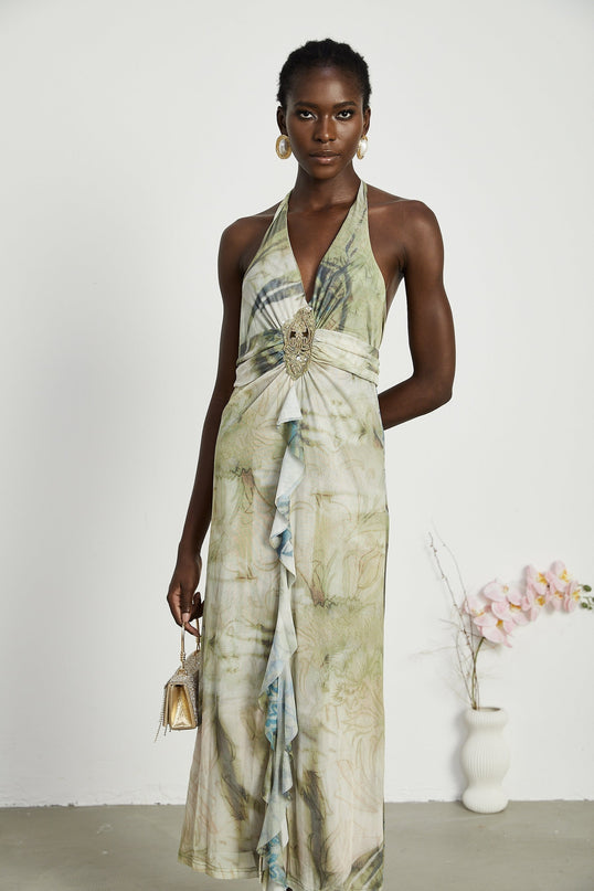 Luisa Green Ombre Ruffled Trim Halterneck Midi Dress with Faux-Pearl Embellishments