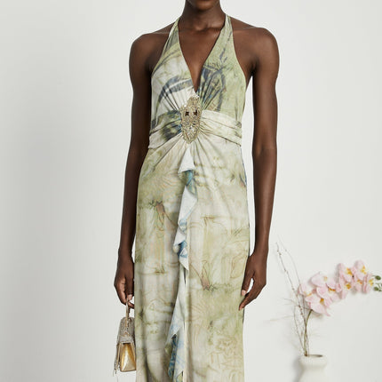 Luisa Green Ombre Ruffled Trim Halterneck Midi Dress