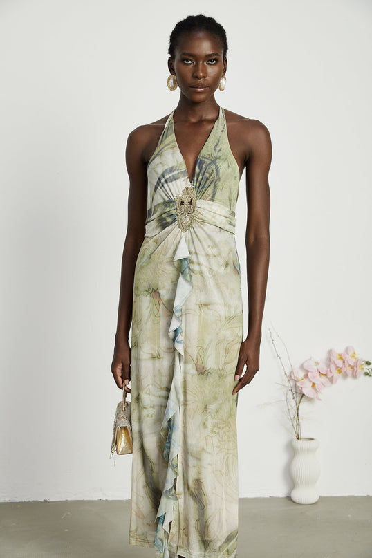 Luisa Green Ombre Ruffled Trim Halterneck Midi Dress