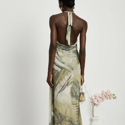 Luisa Green Ombre Ruffled Trim Halterneck Midi Dress