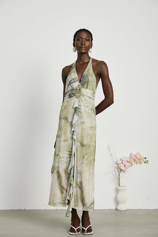 Luisa Green Ombre Ruffled Trim Halterneck Midi Dress