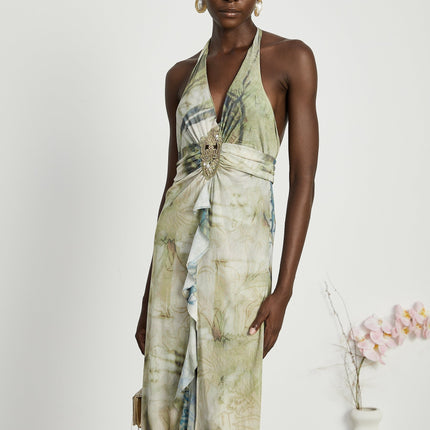 Luisa Green Ombre Ruffled Trim Halterneck Midi Dress