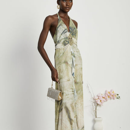 Luisa Green Ombre Ruffled Trim Halterneck Midi Dress