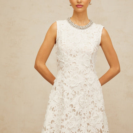 Luisa White Lace Mini Dress with Crystal Details and Scalloped Hem