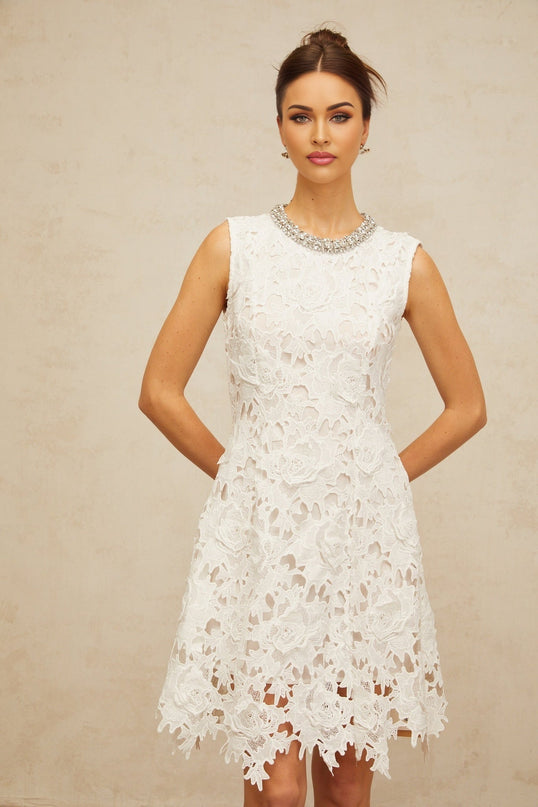 Luisa White Lace Mini Dress with Crystal Details and Scalloped Hem