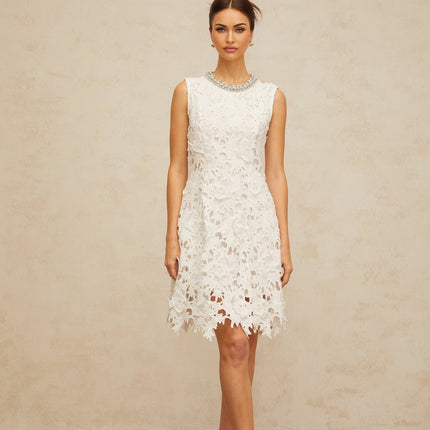 Luisa White Lace Mini Dress with Crystal Details and Scalloped Hem