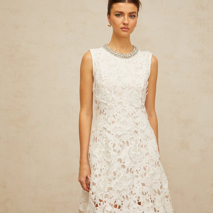 Luisa White Lace Mini Dress with Crystal Details and Scalloped Hem