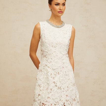 Luisa White Lace Mini Dress with Crystal Details and Scalloped Hem