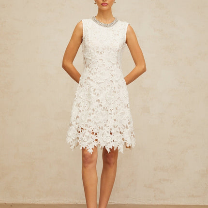 Luisa White Lace Mini Dress with Crystal Details and Scalloped Hem