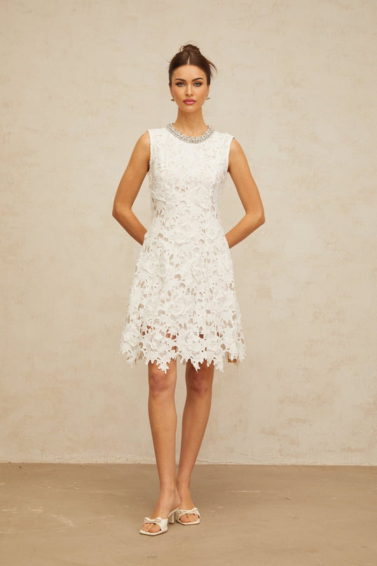 Luisa White Lace Mini Dress with Crystal Details and Scalloped Hem