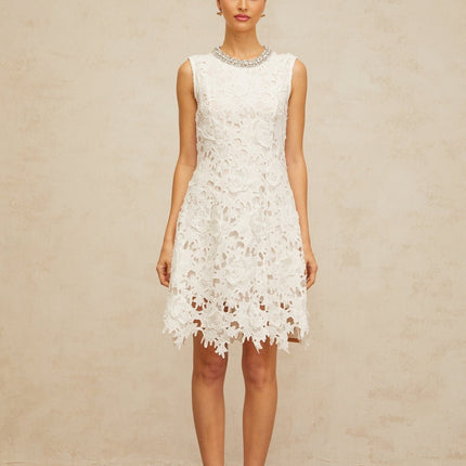 Luisa White Lace Mini Dress with Crystal Details and Scalloped Hem