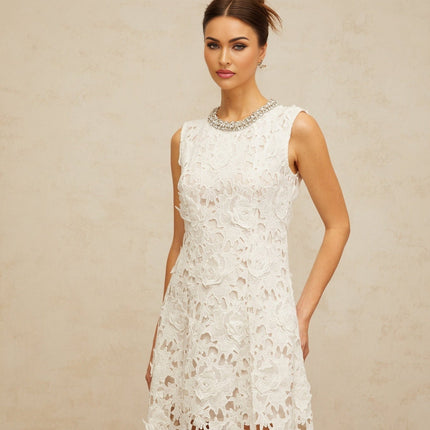 Luisa White Lace Mini Dress with Crystal Details and Scalloped Hem