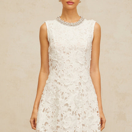 Luisa White Lace Mini Dress with Crystal Details and Scalloped Hem