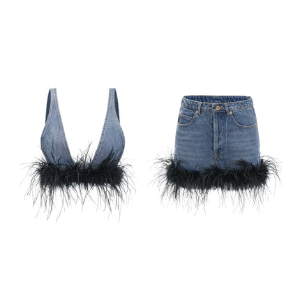 Luna Blue Feather-trimmed Cropped Top And Denim Skirt Set