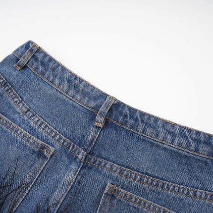 Luna Blue Feather-trimmed Cropped Top And Denim Skirt Set