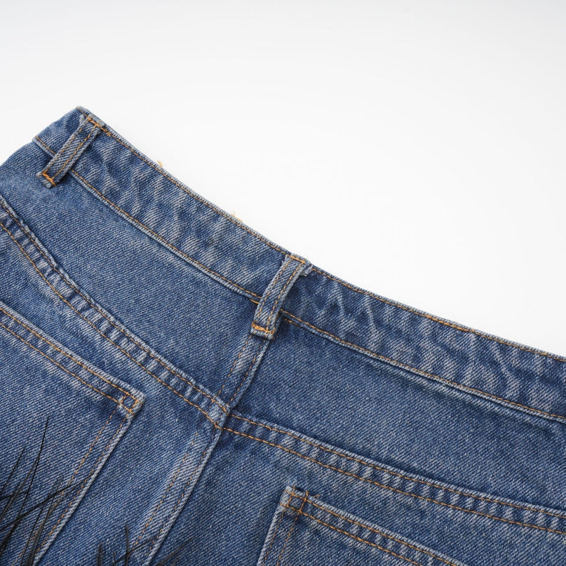 Luna Blue Feather-trimmed Cropped Top And Denim Skirt Set