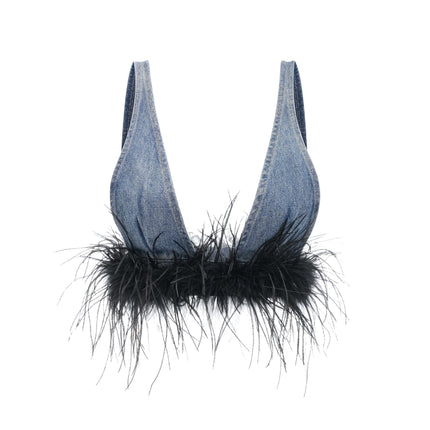 Luna Blue Feather-trimmed Cropped Top And Denim Skirt Set